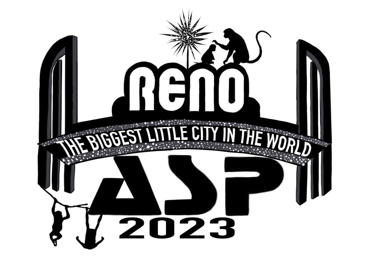 Black-and-white logo for ASP 2023 showing the archway in Reno with the words "The biggest little city in the world" with ASP 2023 underneath and various primates perched around the image.