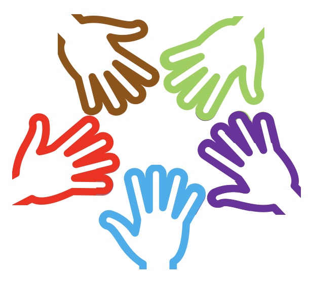 Five drawn hands outlined in brown, green, purple, blue, and red forming a circle.