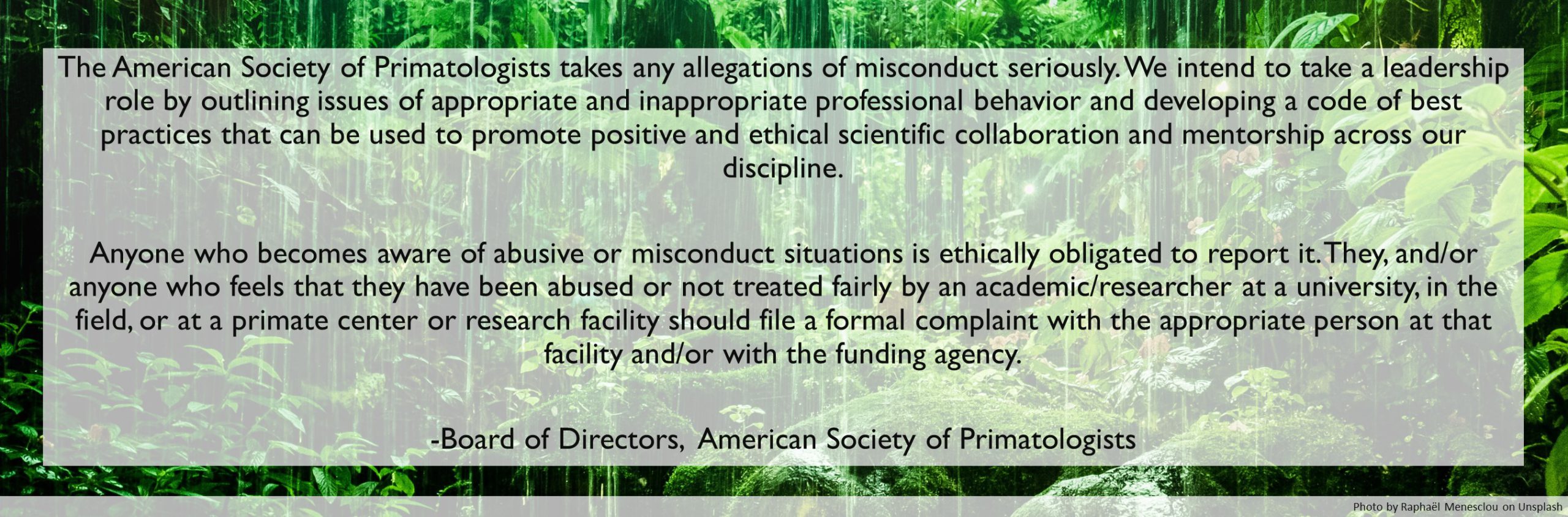Statement from the ASP Board of Directors on a dark green leafy background. Statement reads: The American Society of Primatologists takes any allegations of misconduct seriously. We intend to take a leadership role by outlining issues of appropriate and inappropriate professional behavior and developing a code of best practices that can be used to promote positive and ethical scientific collaboration and mentorship across our discipline. Anyone who becomes aware of abusive or misconduct situations is ethically obligated to report it. They, and/or anyone who feels that they have been abused or not treated fairly by an academic/researcher at a university, in the field, or at a primate center or research facility should file a formal complaint with the appropriate person at that facility and/or with the funding agency. Photo from Unsplash.